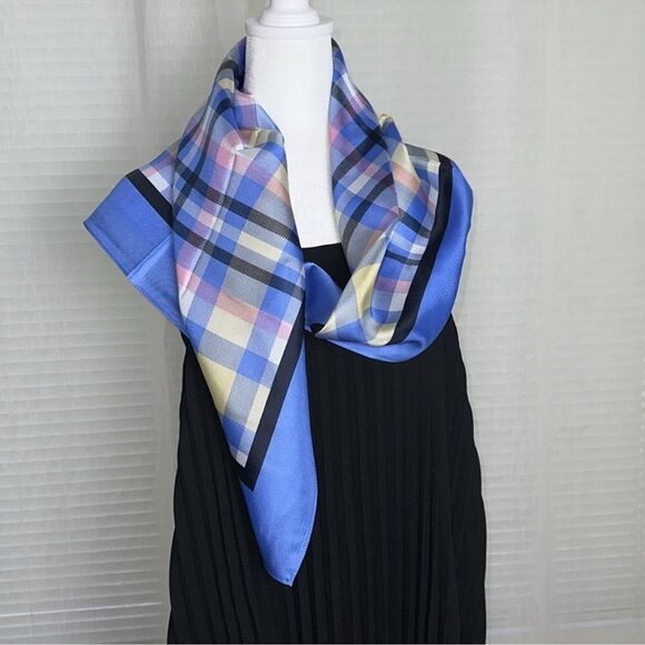 kate spade Blue Pastel Yellow Pink Garden Plaid Square Scarf - Picture 2 of 7